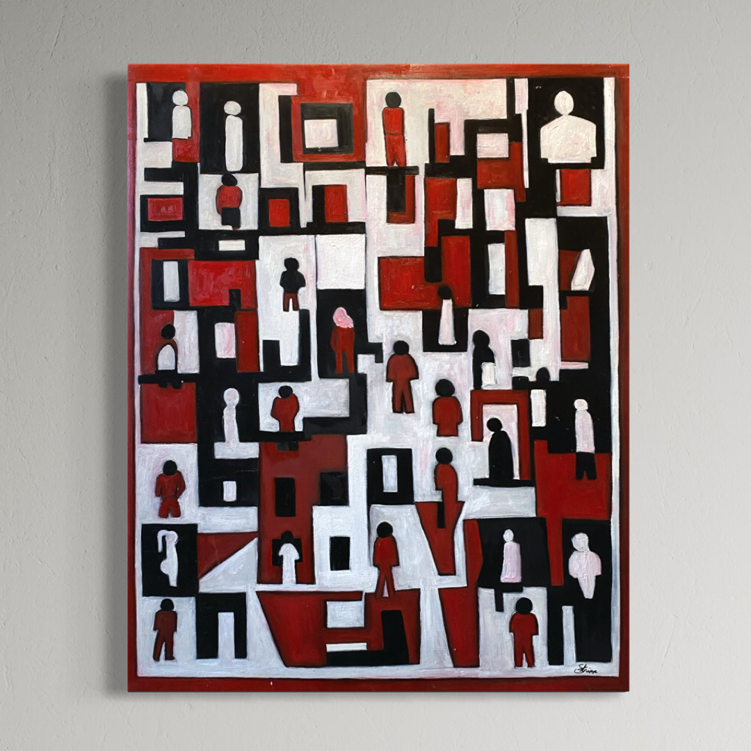 Geometric oil painting titled 'Displaced' by Luke Edward Stripp.