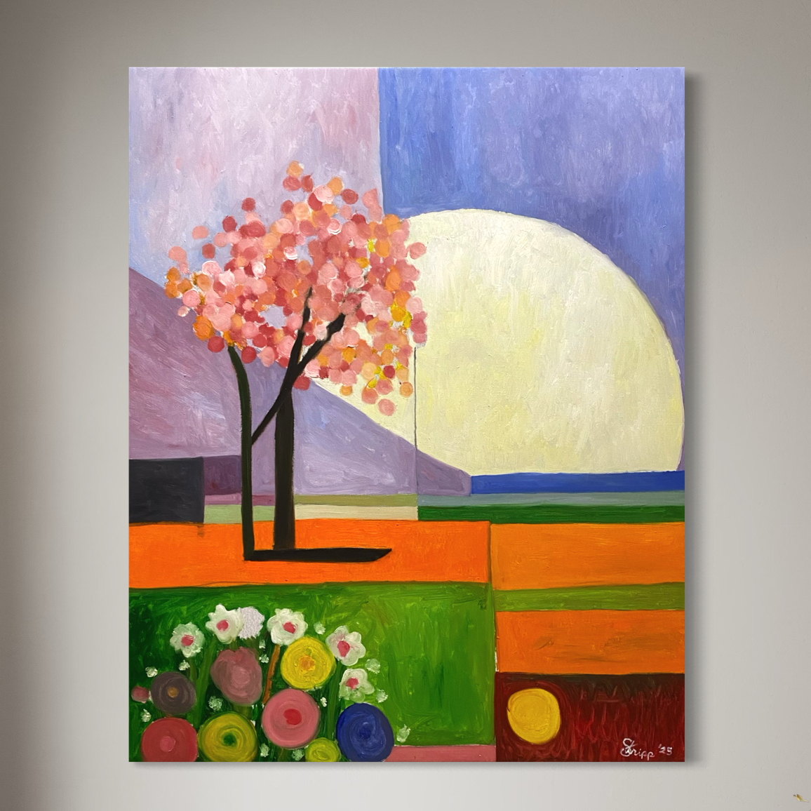 Geometric Landscape oil painting of a Garden by Luke Edward Stripp.