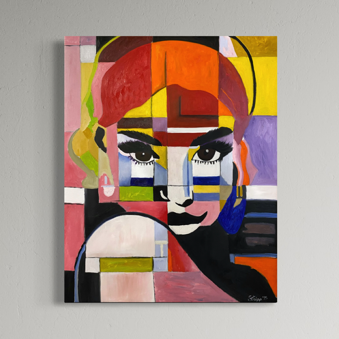 Geometric portrait oil painting titled 'Her Eyes Never Lie' by Luke Edward Stripp.