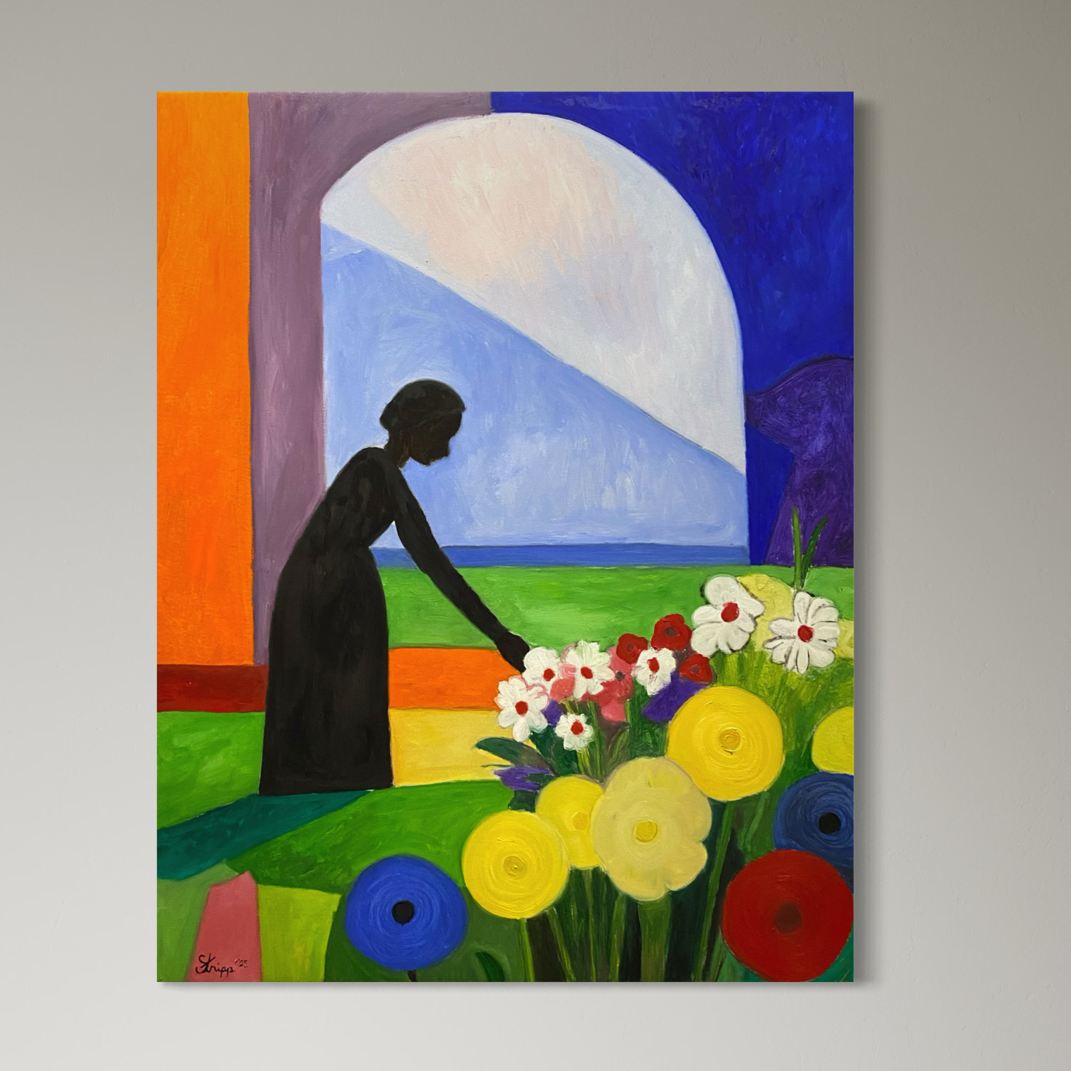 One Quiet Afternoon - oil painting of a person in a garden picking flowers by Canadian artist Luke Edward Stripp