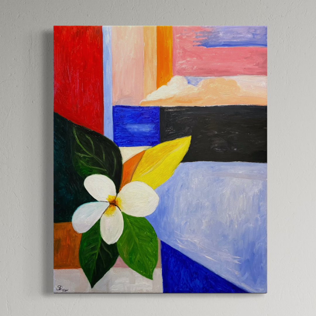 Geometric oil painting titled 'Plumeria No.1' by Luke Edward Stripp.