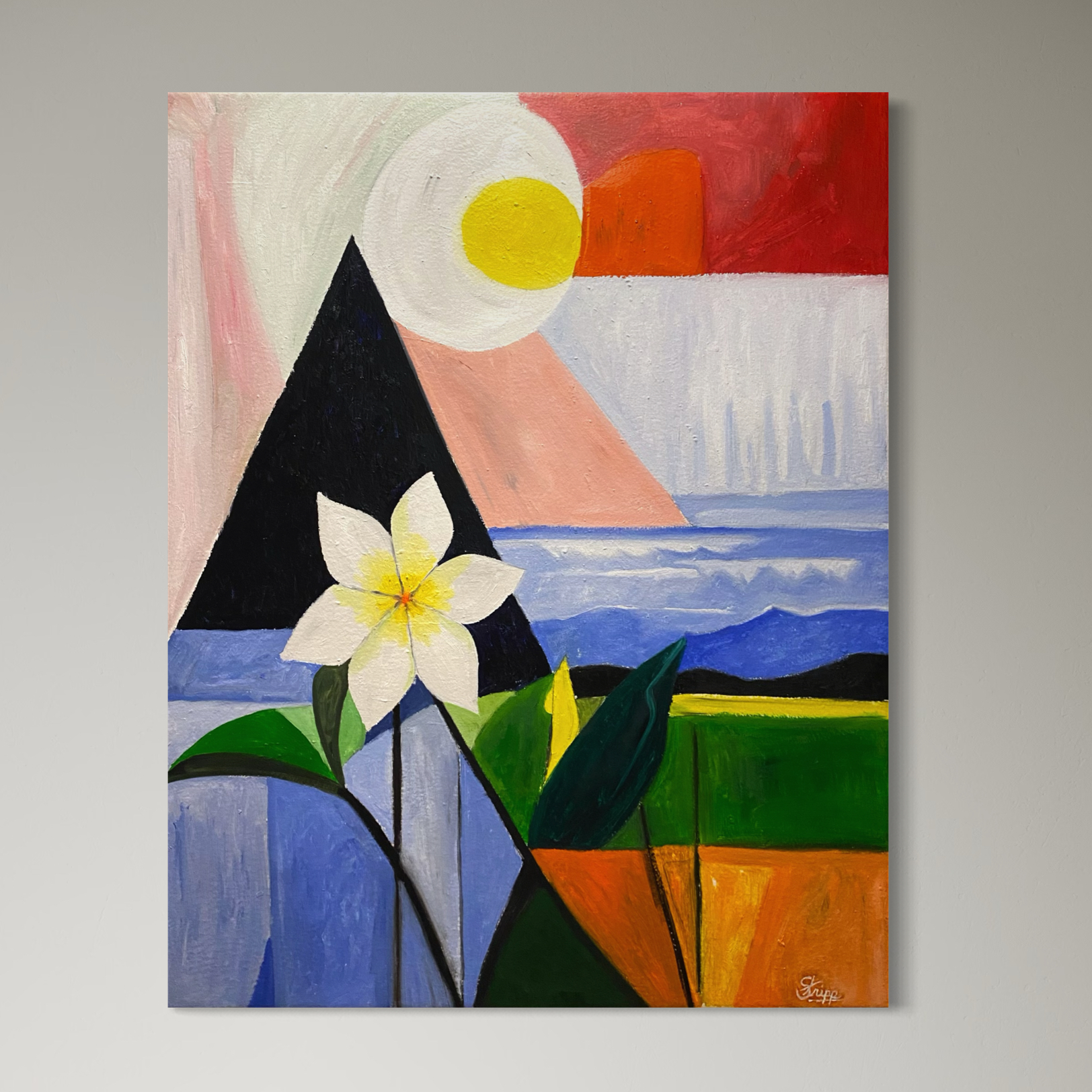 Geometric flower oil painting titled 'Plumeria No.2' by Luke Edward Stripp.