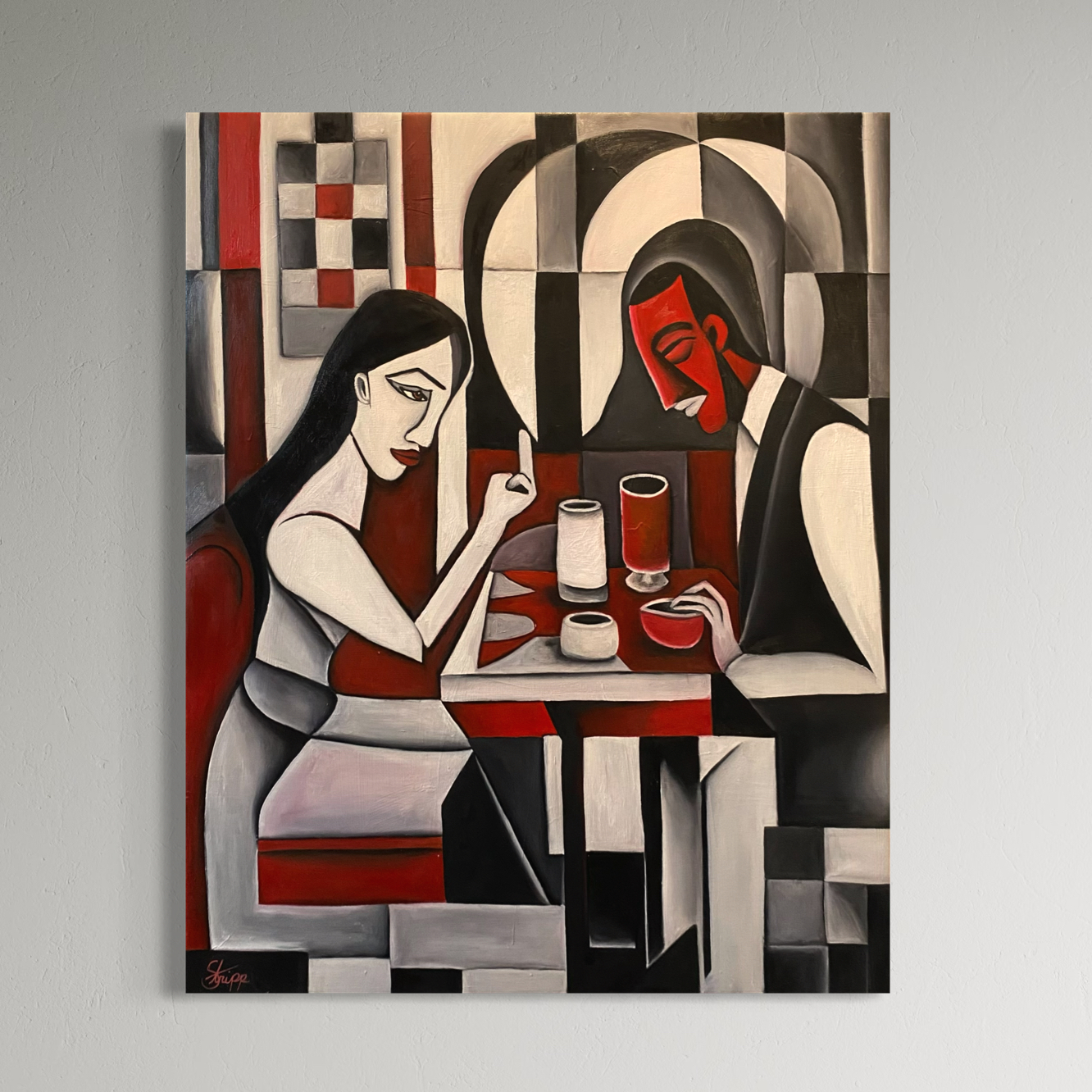 Dynamic figurative artwork featuring a woman and man in an arguement seated at a table. Titled 'The Confrontation' by Luke Edward Stripp.